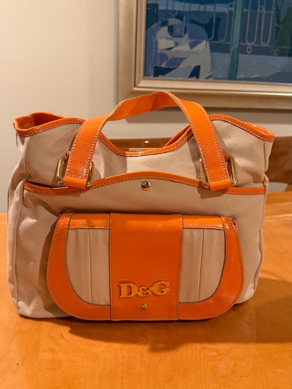 D&G Beige Canvas Tote with Orange Leather Trim